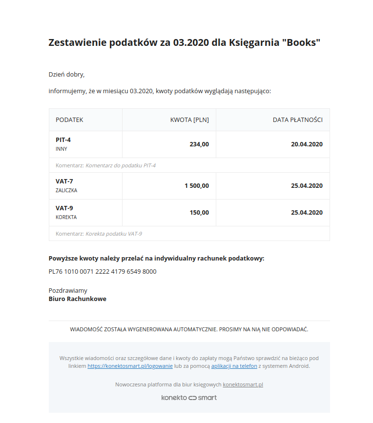 Zestawienie przesłane do klienta