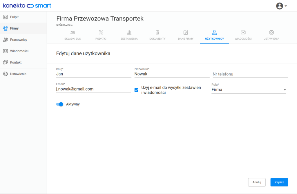 Formularz edycji danych użytkownika