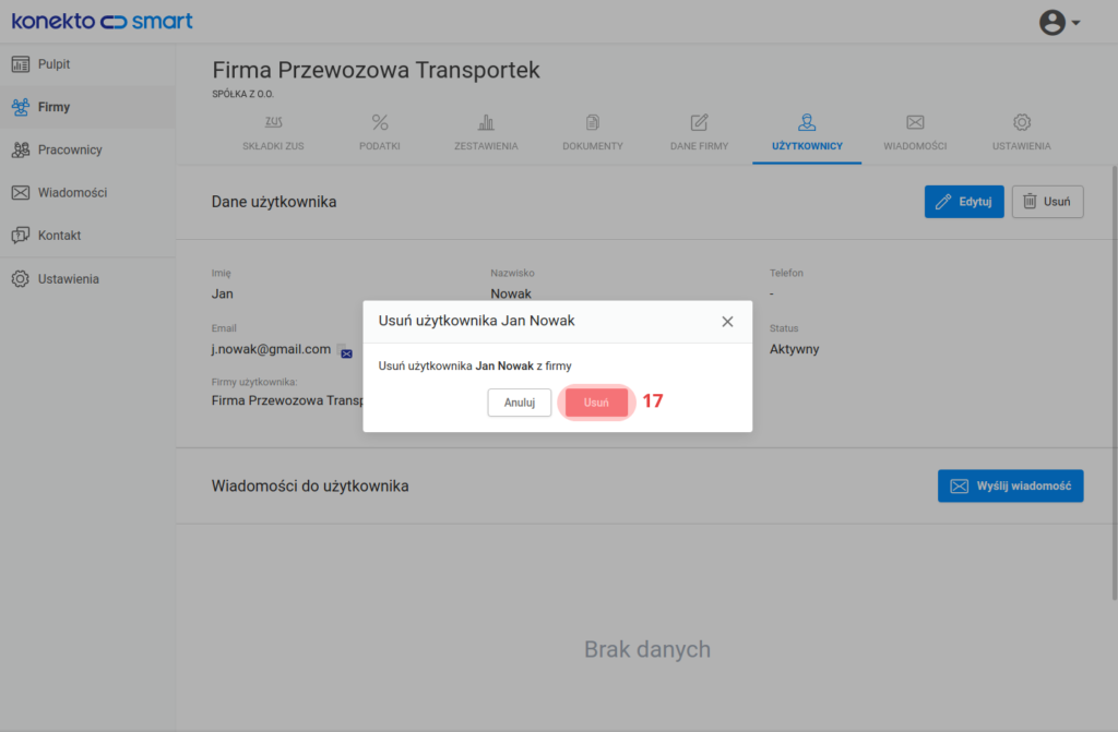 Potwierdzenie usunięcia użytkownika