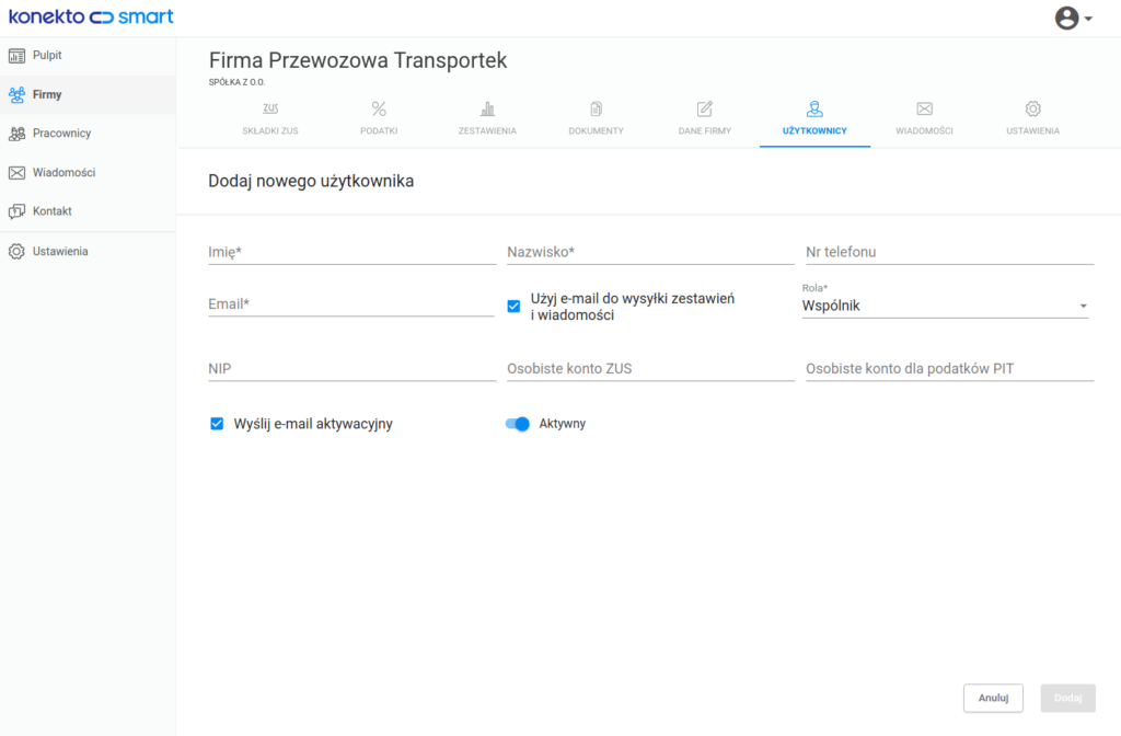 Formularz dla wspólnika