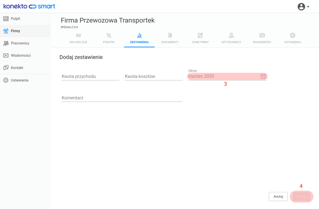 Zatwierdzenie dodanego zestawienia