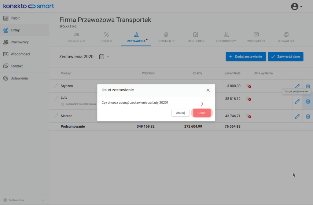 Potwierdzenie usunięcia zestawienia