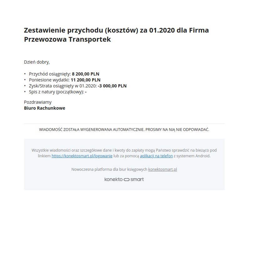 Informacja przesłana do klienta