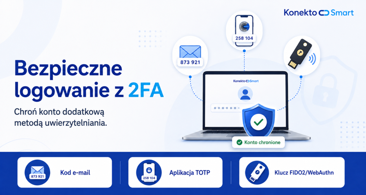 Bezpieczne logowanie 2FA w KonektoSmart za pomocą kodu e-mail, aplikacji TOTP lub klucza FIDO2/WebAuthn