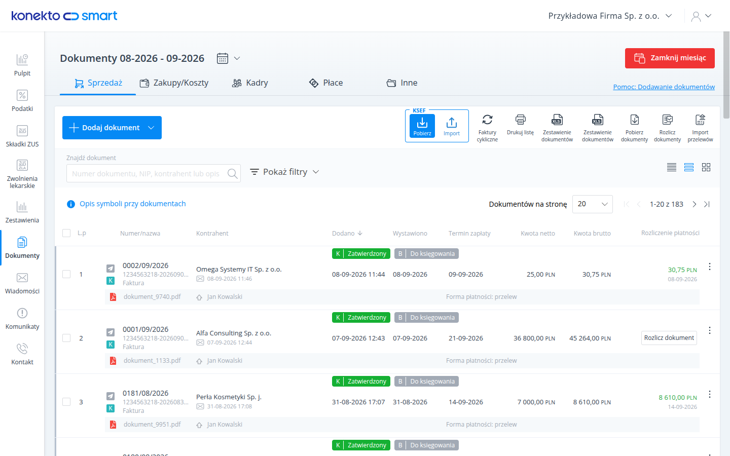 Lista dokumentów sprzedaży w KonektoSmart z przyciskiem Faktury cykliczne