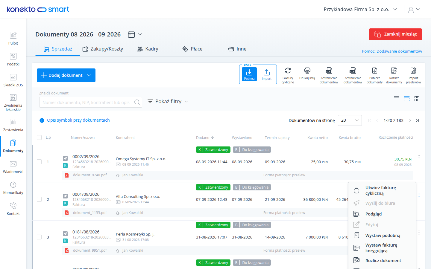 Menu akcji faktury z opcją Utwórz fakturę cykliczną