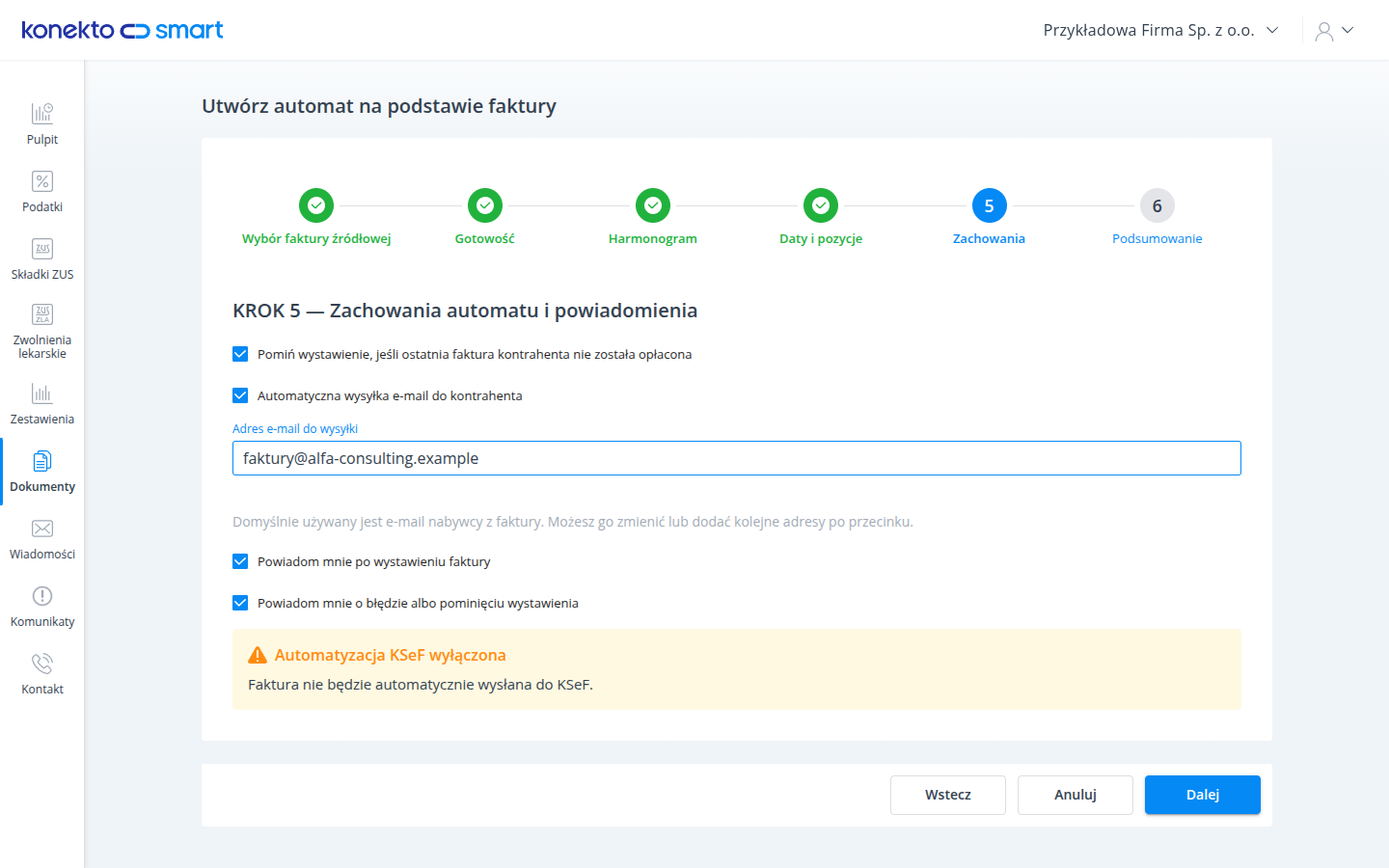 Krok Zachowania automatu z wysyłką e-mail i powiadomieniami