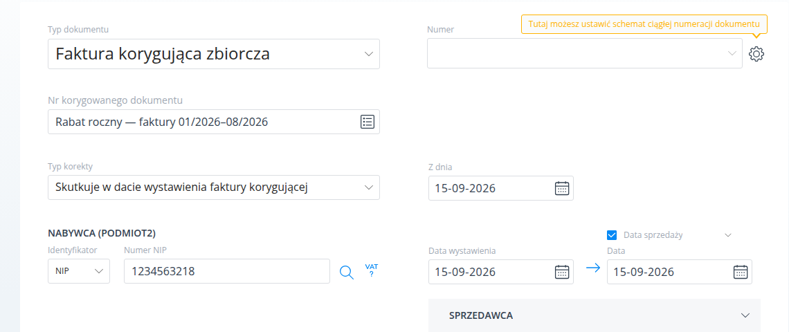 Formularz faktury korygującej zbiorczej z typem korekty i danymi nabywcy