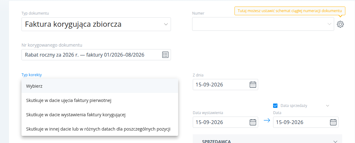 Rozwinięta lista Typ korekty z trzema wariantami skutku korekty