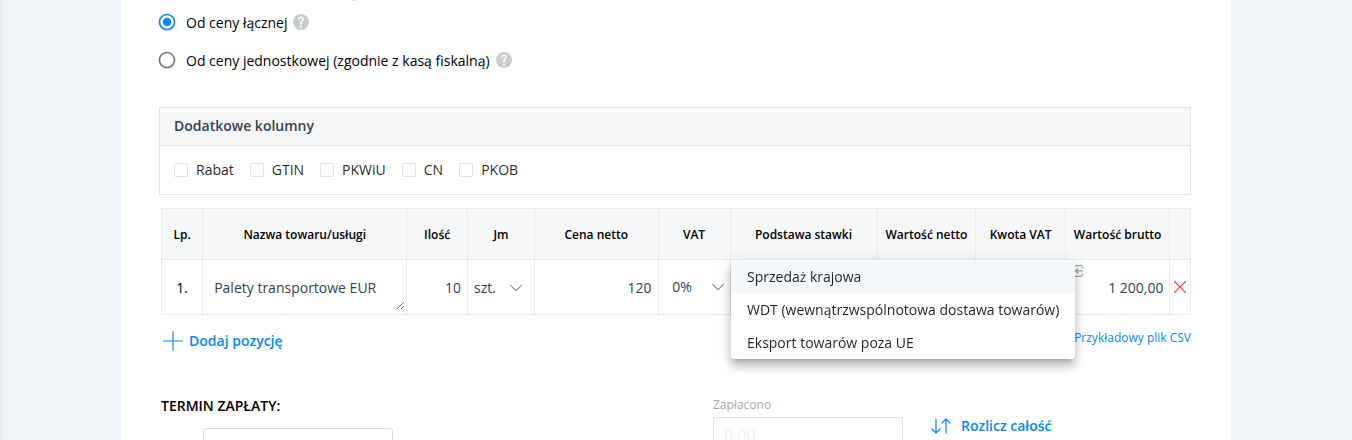 Pozycja faktury ze stawką VAT 0 procent i wyborem podstawy stawki