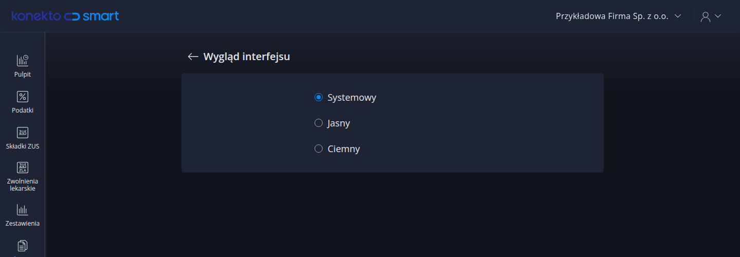 Ustawienia wyglądu interfejsu z wyborem motywu systemowego, jasnego i ciemnego