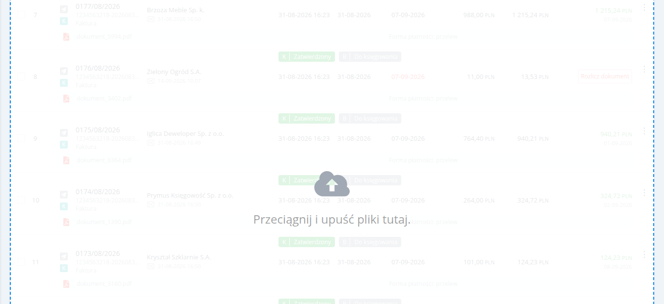 Lista dokumentów z nakładką Przeciągnij i upuść pliki tutaj