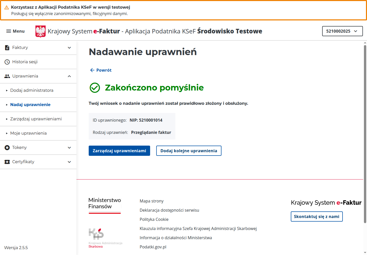 Potwierdzenie nadania dostępu biuru w testowym KSeF
