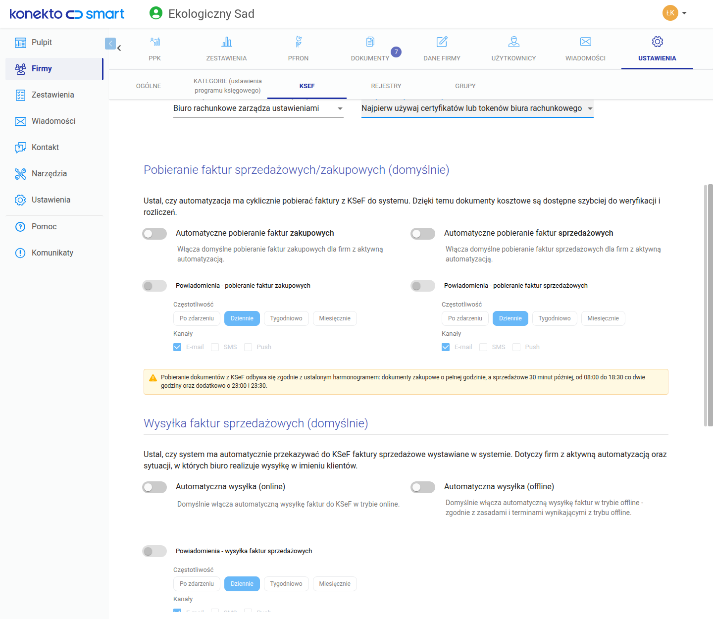 Ustawienia KSeF i automatyzacji dla klienta w panelu biura