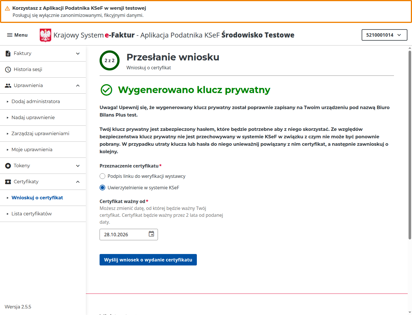 Wybór przeznaczenia certyfikatu do uwierzytelnienia w KSeF