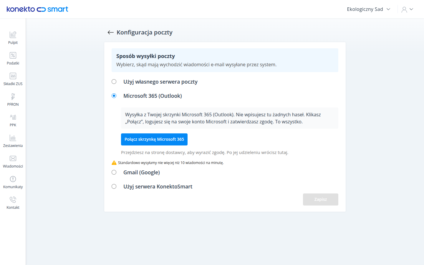 Konfiguracja poczty z wybraną opcją Microsoft 365 i przyciskiem Połącz skrzynkę Microsoft 365