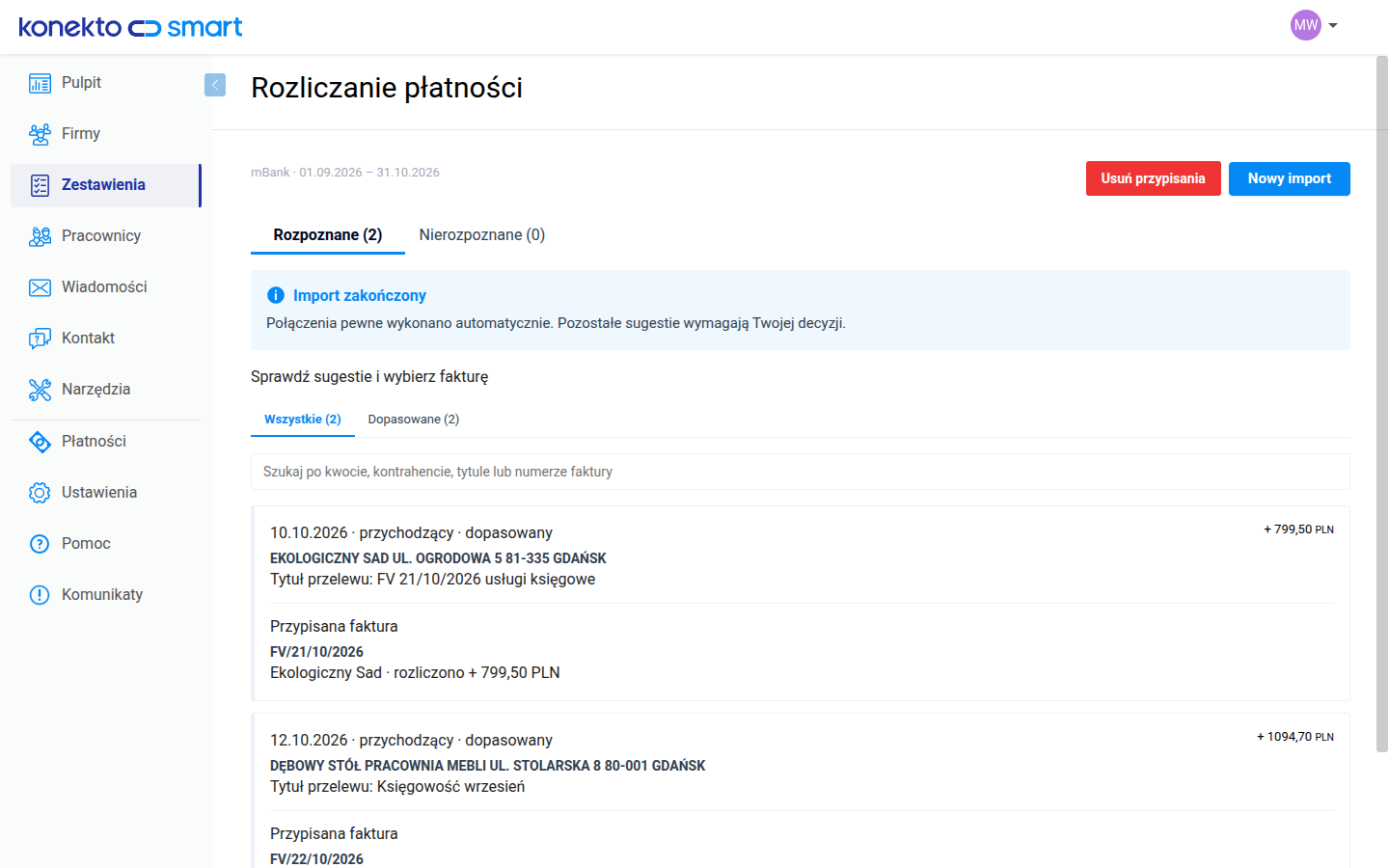 Panel biura: ekran Rozliczanie płatności z dwoma przelewami klientów dopasowanymi do faktur biura